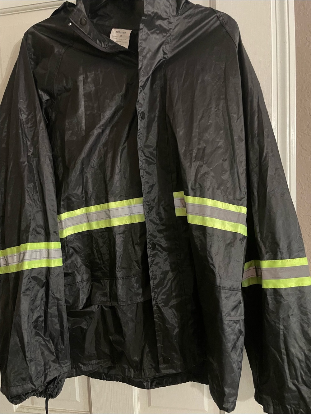 Black Reflective Rain Jacket with Neon Stripes